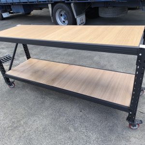 Heavy duty mobile workbench with wooden top and steel frame on wheels for workshop use New Zealand