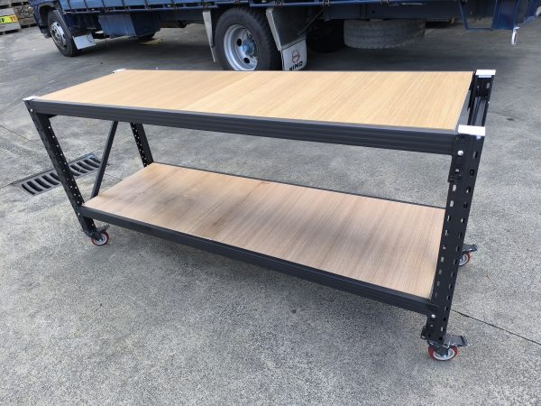 Heavy duty mobile workbench with wooden top and steel frame on wheels for workshop use New Zealand