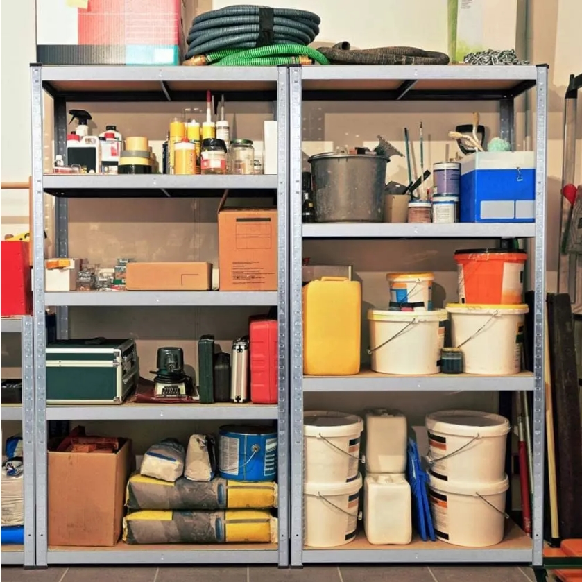 Garage shelving unit with tools, paint buckets, and storage containers for home organisation New Zealand