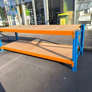 Low height long span shelving unit with steel frame and timber shelves for warehouse storage New Zealand