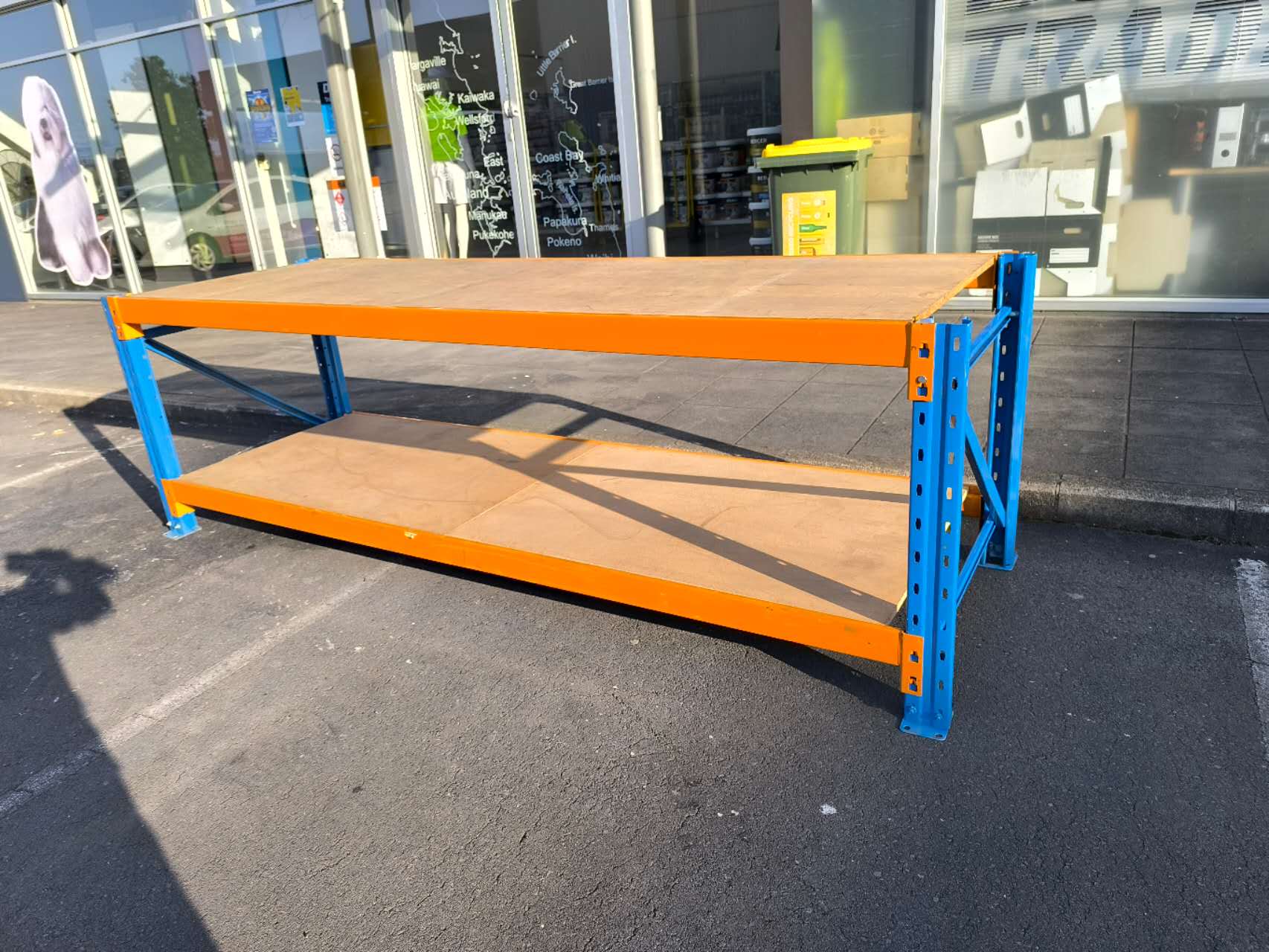 Low height long span shelving unit with steel frame and timber shelves for warehouse storage New Zealand