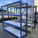 Long span shelving units with steel frame and white shelves for warehouse storage solutions New Zealand